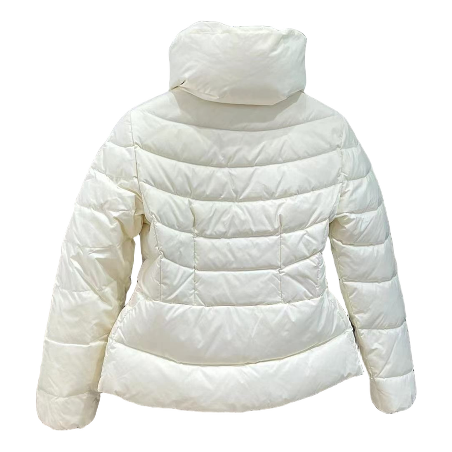 Moncler Drawstring-Waist Stand-Collar Puffer Jacket – Ivory Sculptural Fit Premium Down