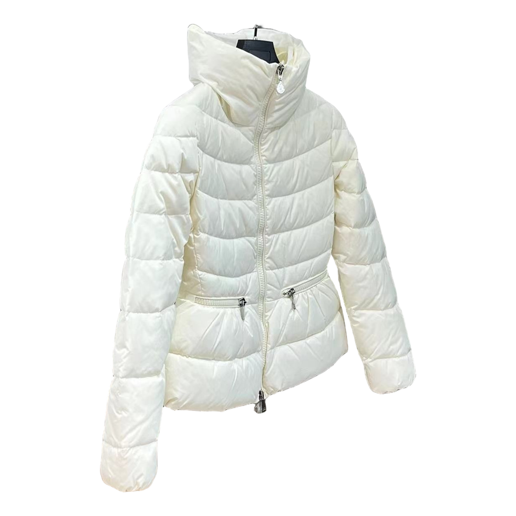 Moncler Drawstring-Waist Stand-Collar Puffer Jacket – Ivory Sculptural Fit Premium Down