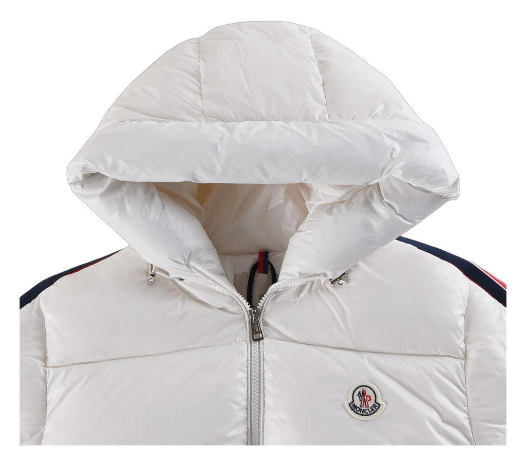 Moncler Tricolour Sleeve-Stripe Hooded Puffer Jacket in White