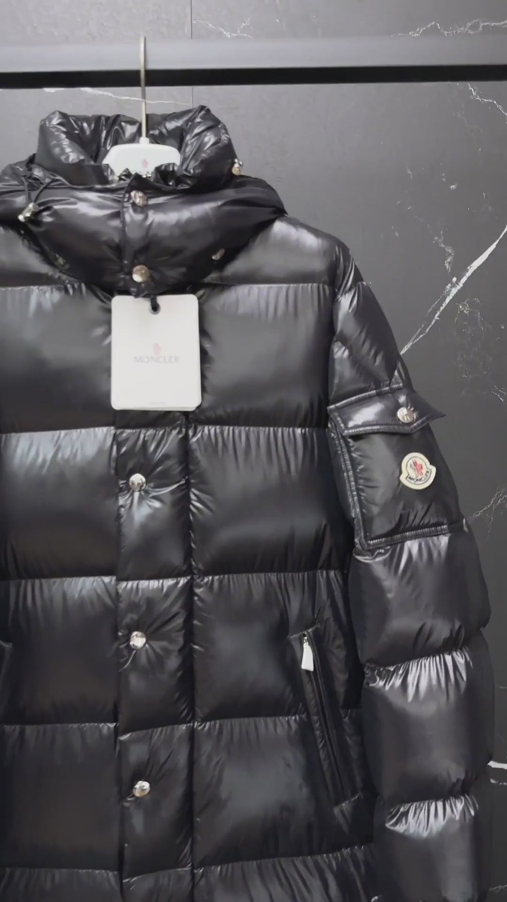 Moncler Hanoverian Glossy Hooded Long Puffer Coat – High-Shine Premium Down