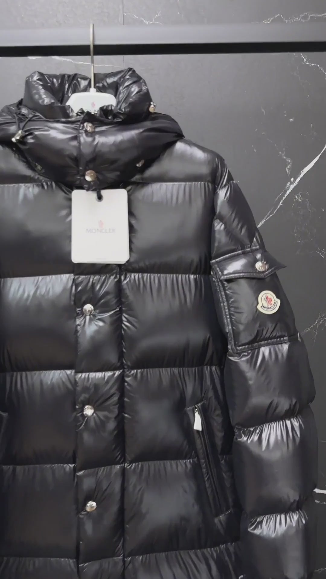 Moncler Hanoverian Glossy Hooded Long Puffer Coat – High-Shine Premium Down