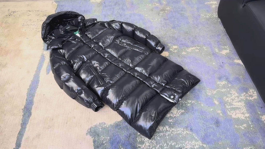 Moncler Hanoverian Glossy Hooded Long Puffer Coat – High-Shine Premium Down