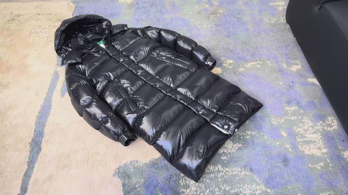 Moncler Hanoverian Glossy Hooded Long Puffer Coat – High-Shine Premium Down