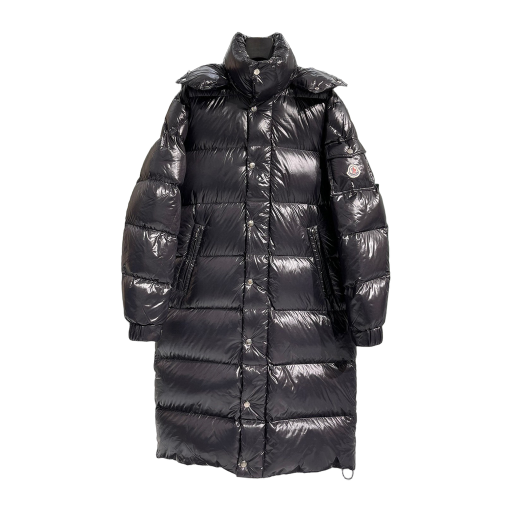 Moncler Hanoverian Glossy Hooded Long Puffer Coat – High-Shine Premium Down