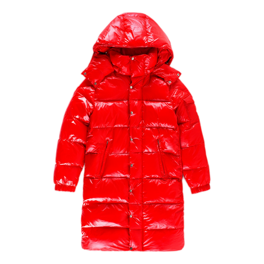 Moncler Hanoverian Glossy Hooded Long Puffer Coat – Red Premium Down