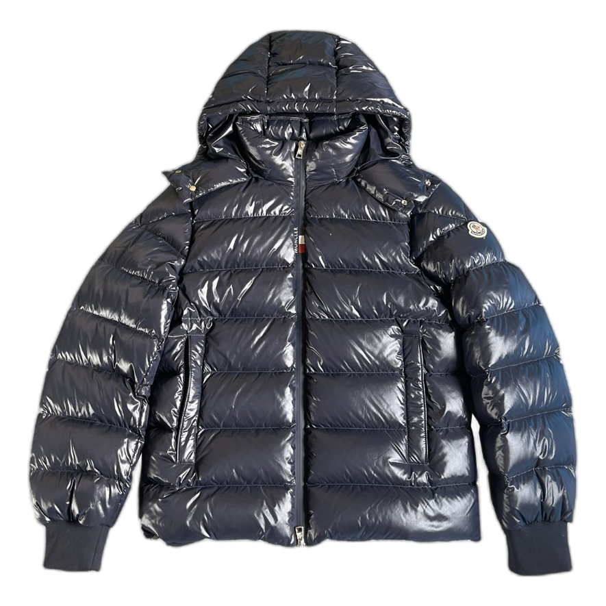 Moncler Glossy Logo-Zip Hooded Puffer Jacket – Navy Premium Down