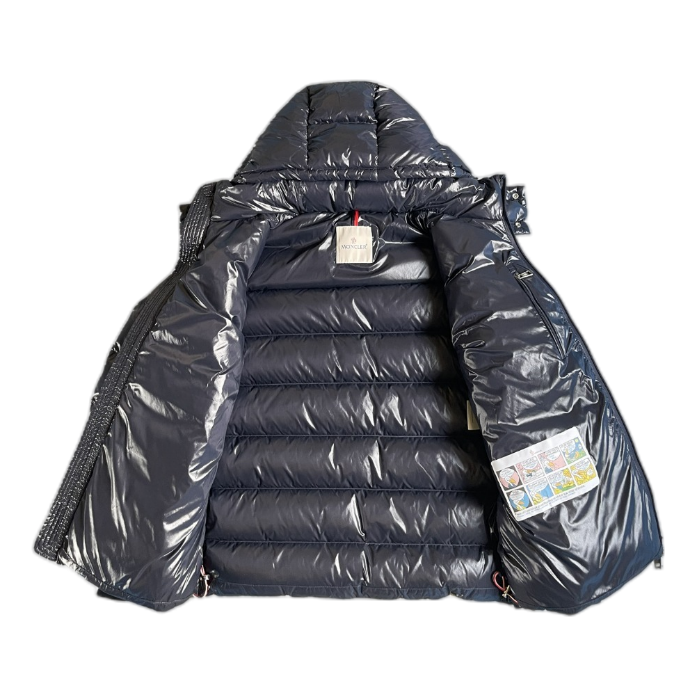 Moncler Glossy Logo-Zip Hooded Puffer Jacket – Navy Premium Down