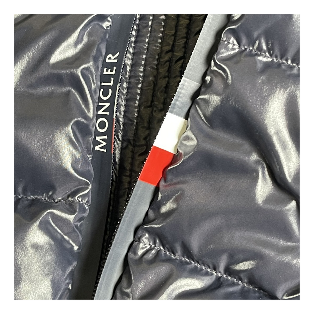 Moncler Glossy Logo-Zip Hooded Puffer Jacket – Navy Premium Down