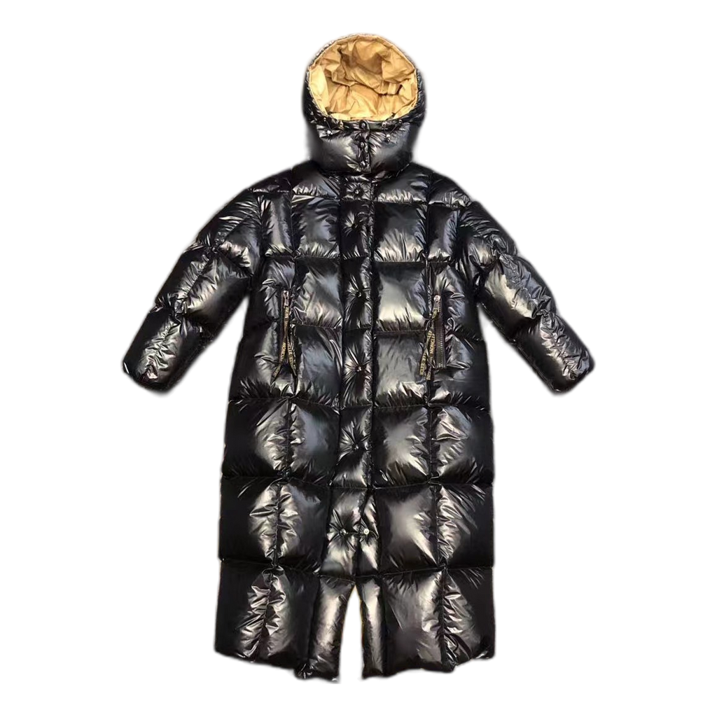 Moncler Gold-Lined Glossy Long Puffer Coat – Black Gold Interior Premium Down