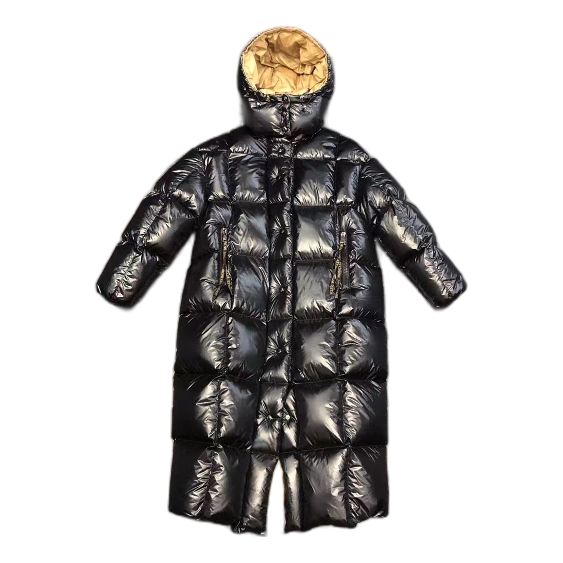 Moncler Gold-Lined Glossy Long Puffer Coat – Black Gold Interior Premium Down