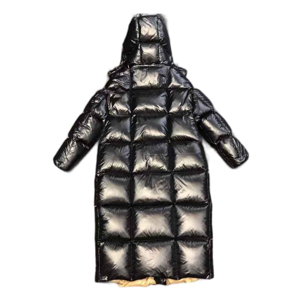 Moncler Gold-Lined Glossy Long Puffer Coat – Black Gold Interior Premium Down