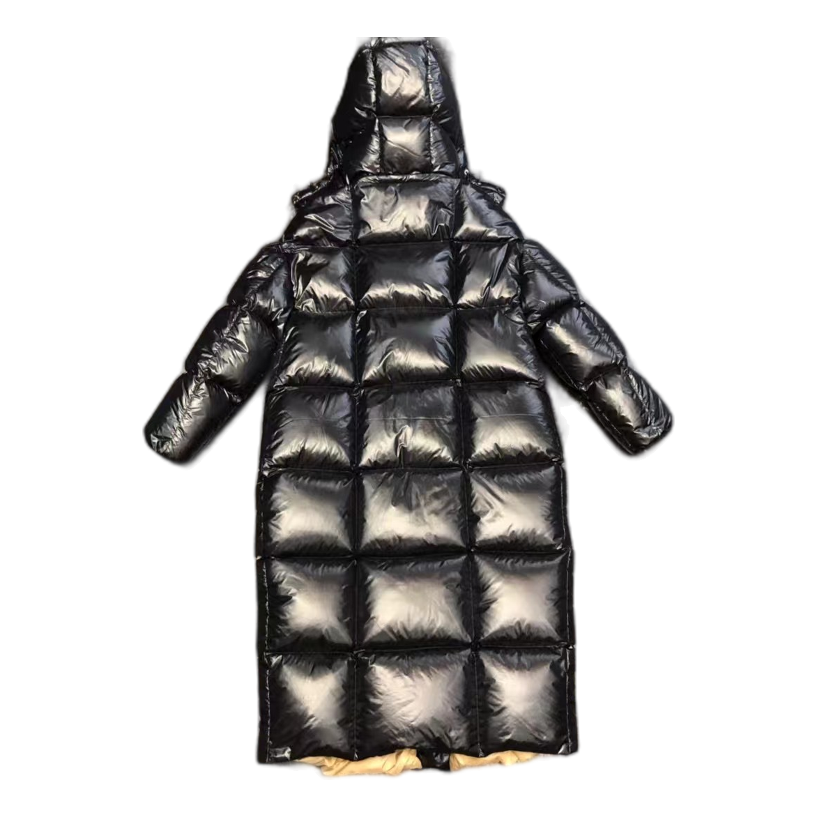 Moncler Gold-Lined Glossy Long Puffer Coat – Black Gold Interior Premium Down
