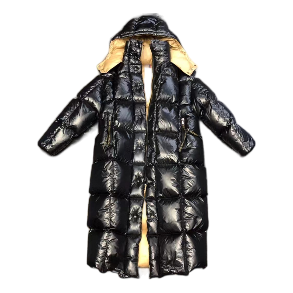 Moncler Gold-Lined Glossy Long Puffer Coat – Black Gold Interior Premium Down