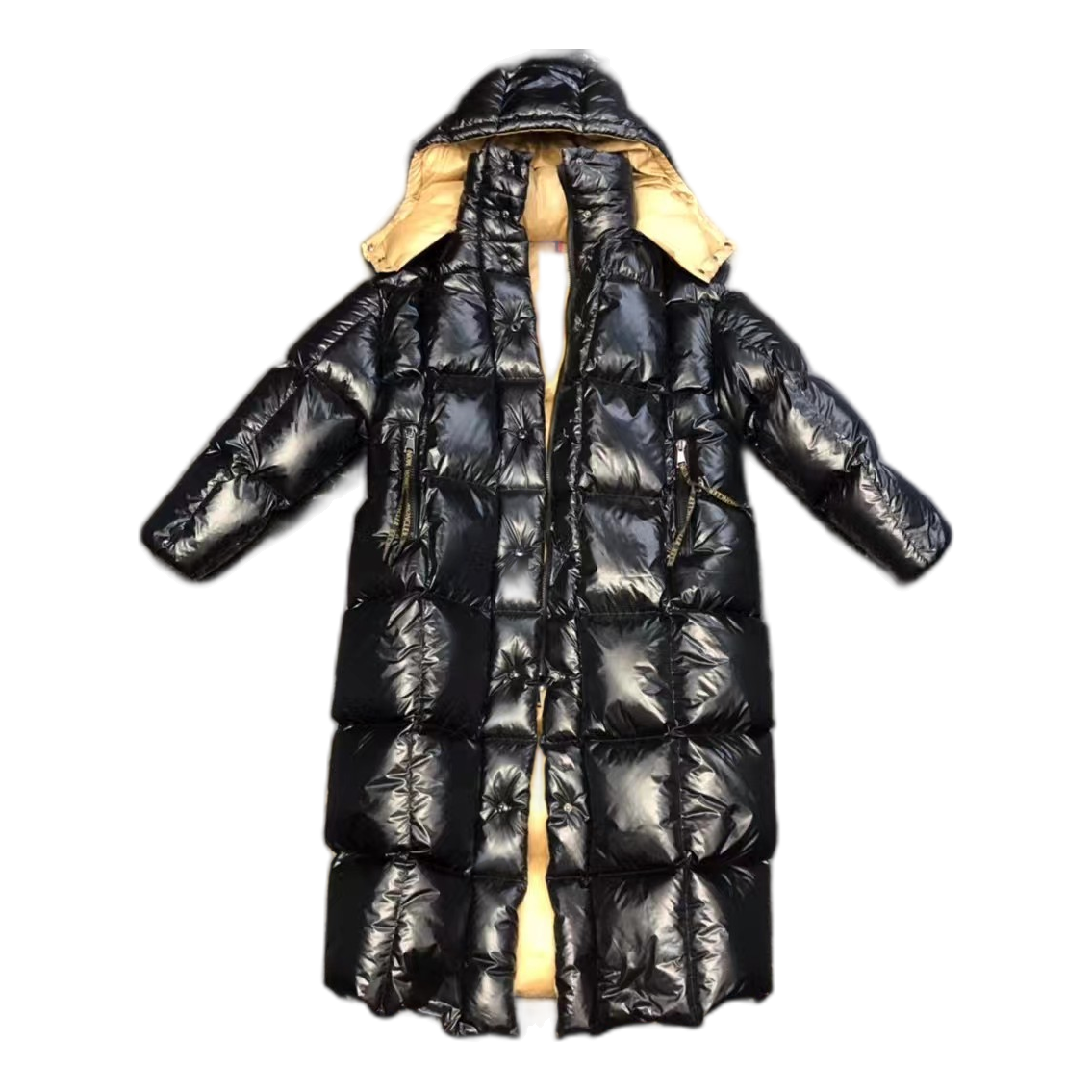 Moncler Gold-Lined Glossy Long Puffer Coat – Black Gold Interior Premium Down