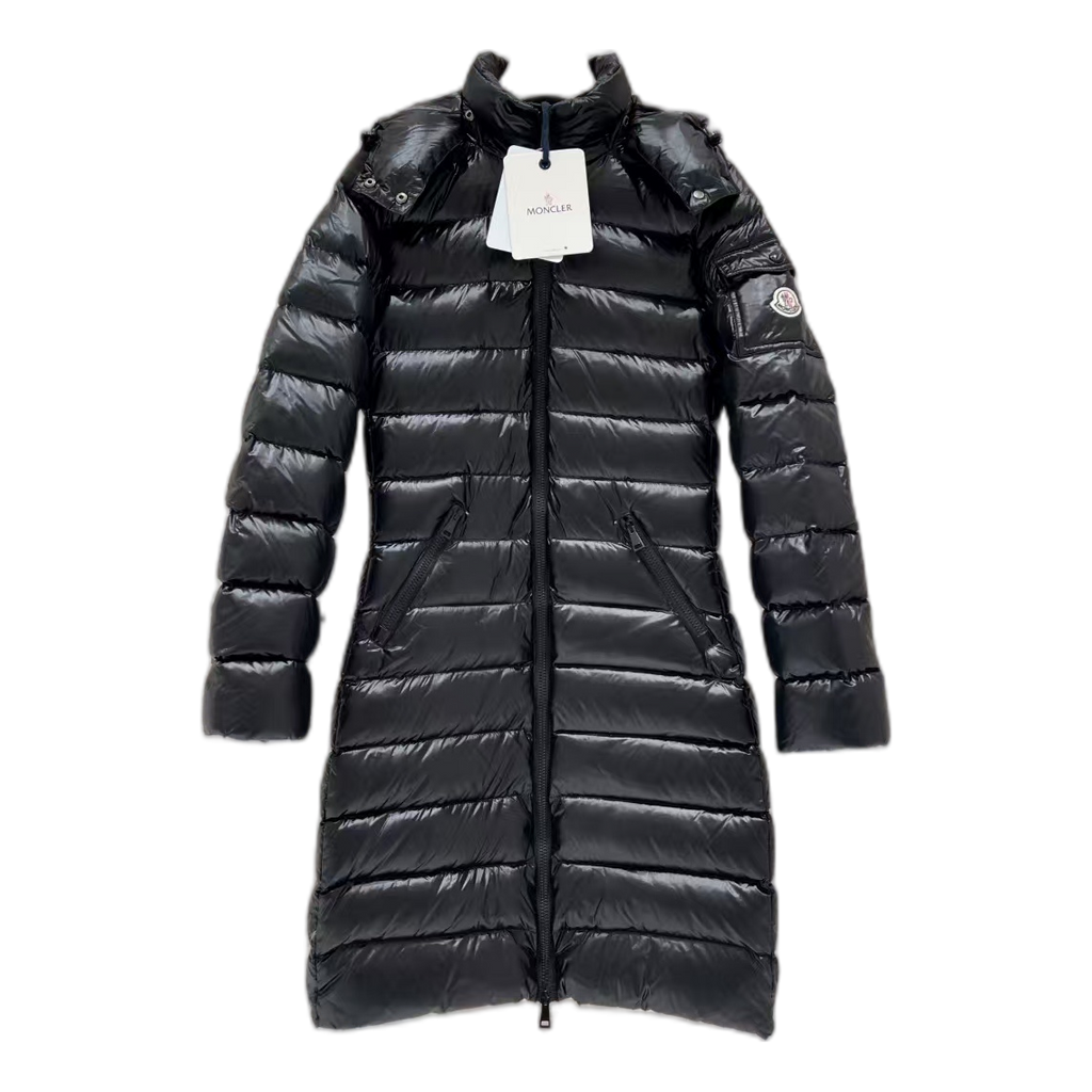 Moncler Narrow-Quilt Fur-Trim Hooded Long Puffer Coat – Black