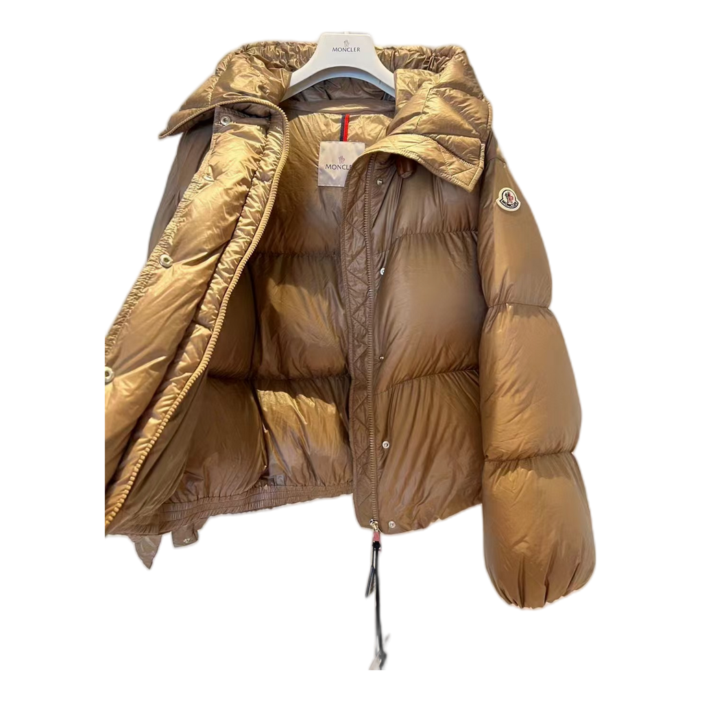 Moncler Borey Hooded Puffer Jacket – Bronze Structured Hood Premium Down Burnished Luxury