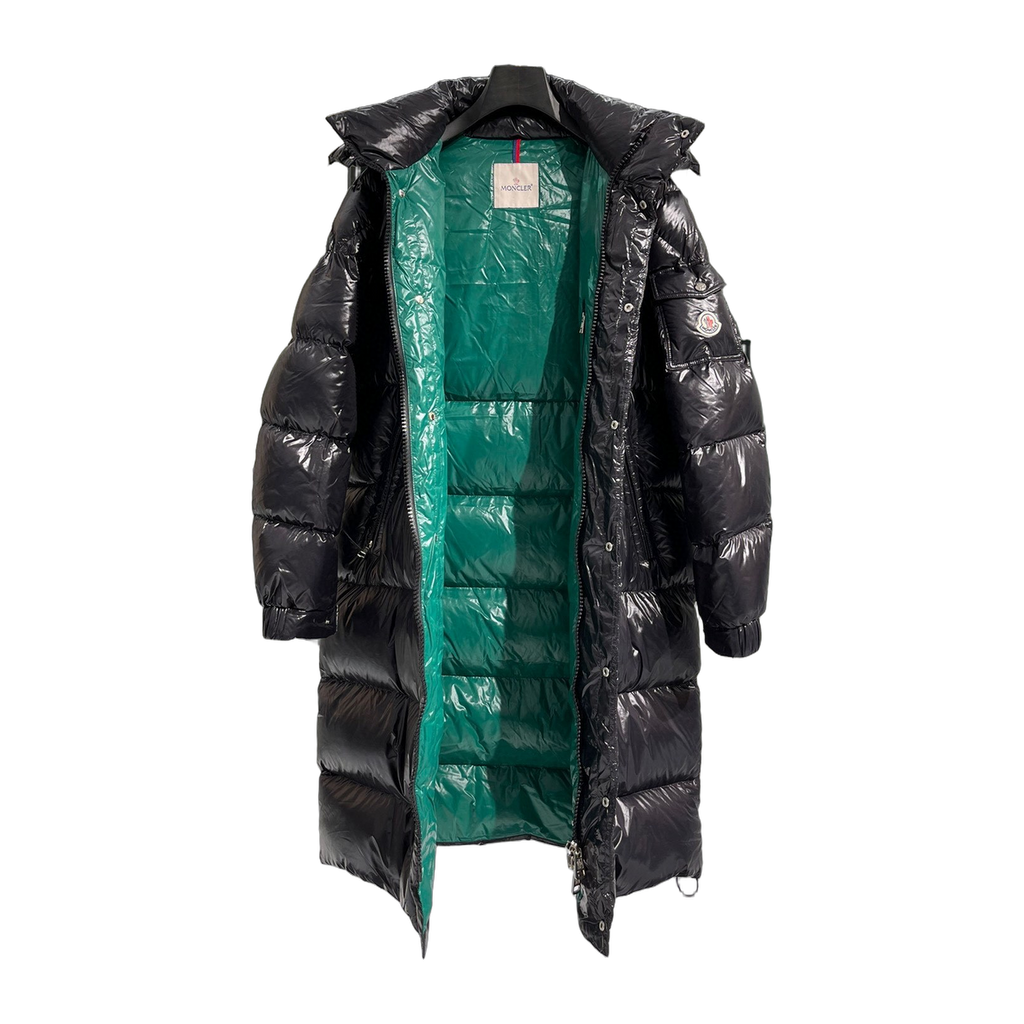 Moncler Hanoverian Glossy Hooded Long Puffer Coat – High-Shine Premium Down