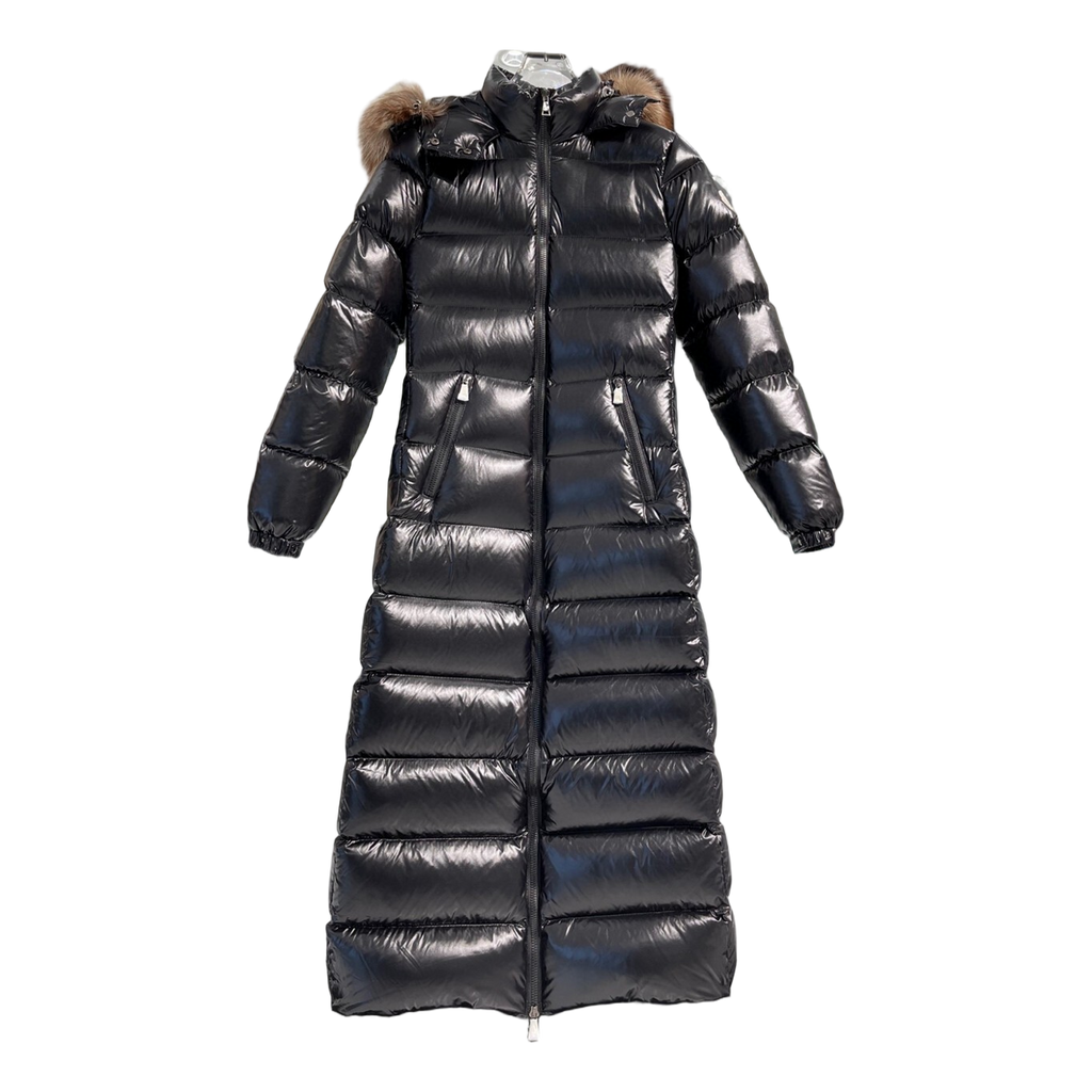 Moncler Glossy Fur-Trim Hooded Long Puffer Coat – Glossy Shell Premium Down