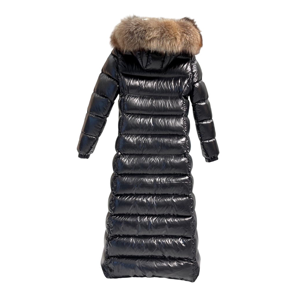 Moncler Glossy Fur-Trim Hooded Long Puffer Coat – Glossy Shell Premium Down