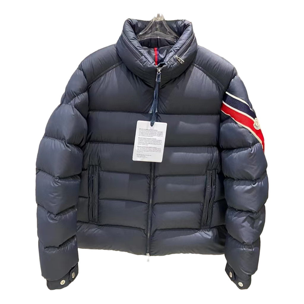 Moncler Tricolour Sleeve-Band Stand-Collar Puffer Jacket in Navy
