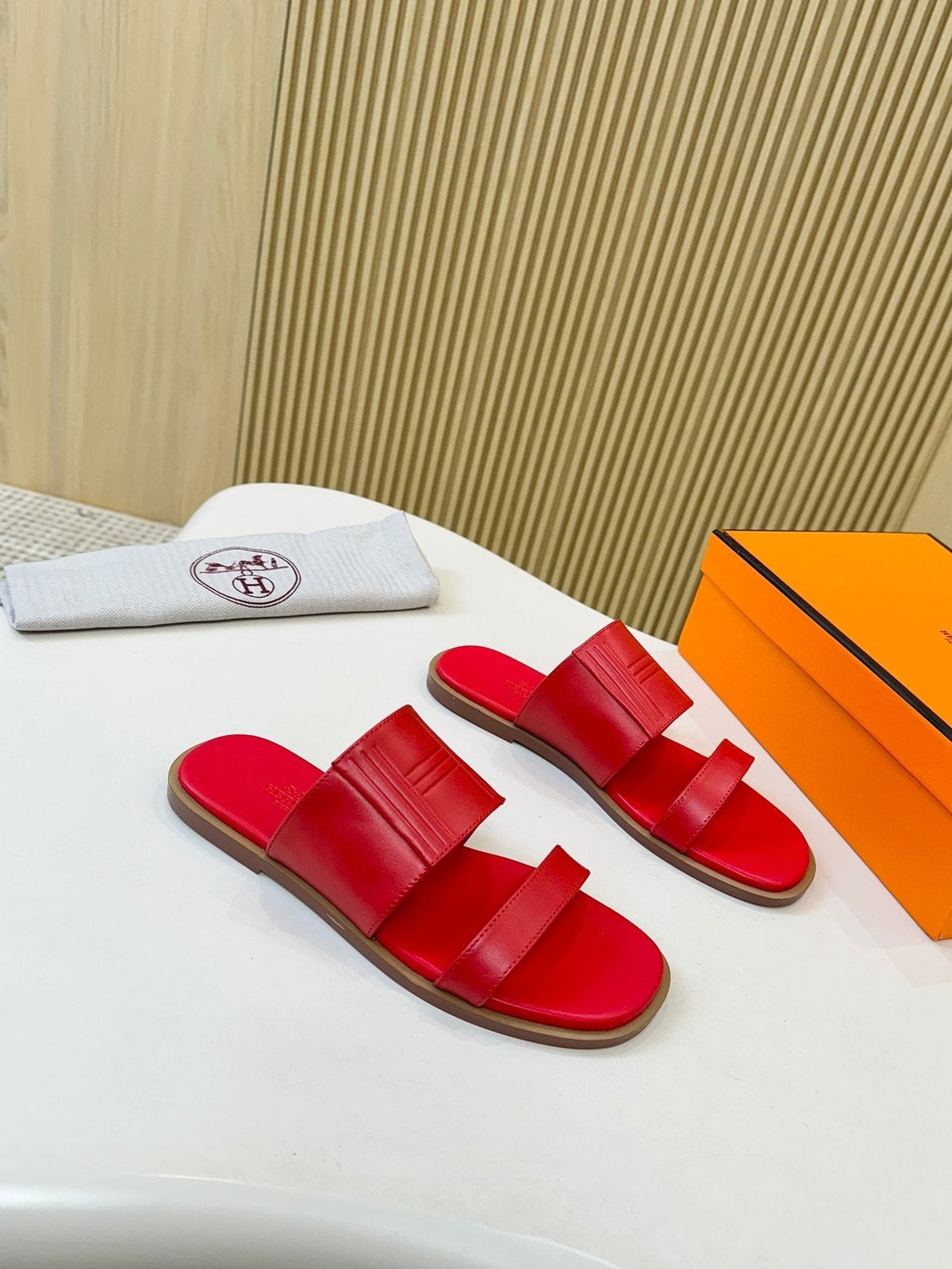 Hermes Ribbed Two-Strap Slide Sandals